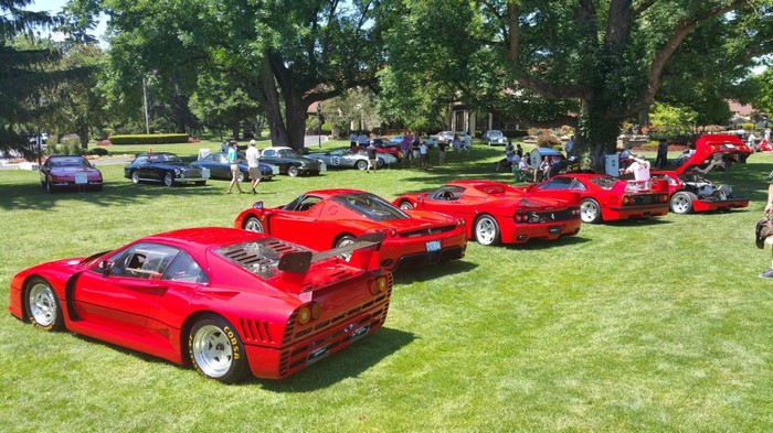 Red Ferraris on a grassy lawn at a car show
