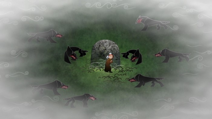 Woman and wolves near a tombstone in The Secret of Kells