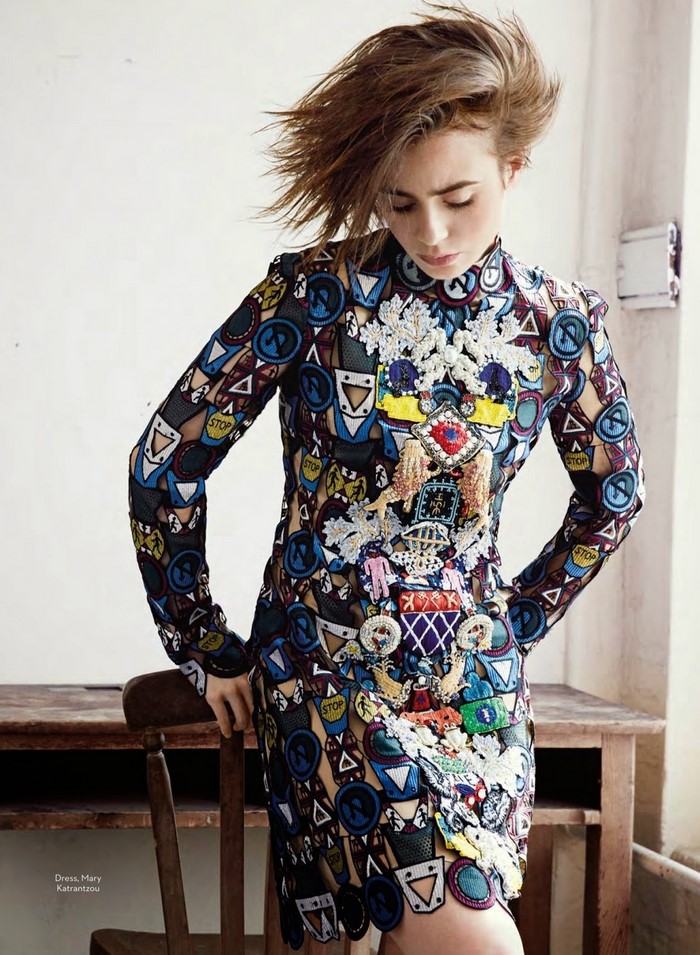 Lily Collins in Mary Katrantzou dress