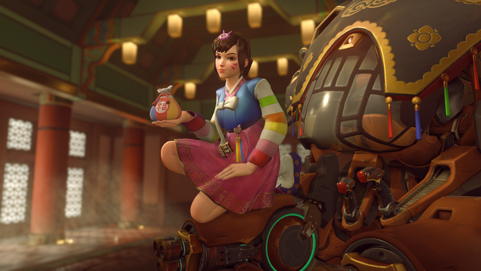 D.Va from Overwatch in a Hanbok sitting on her mech