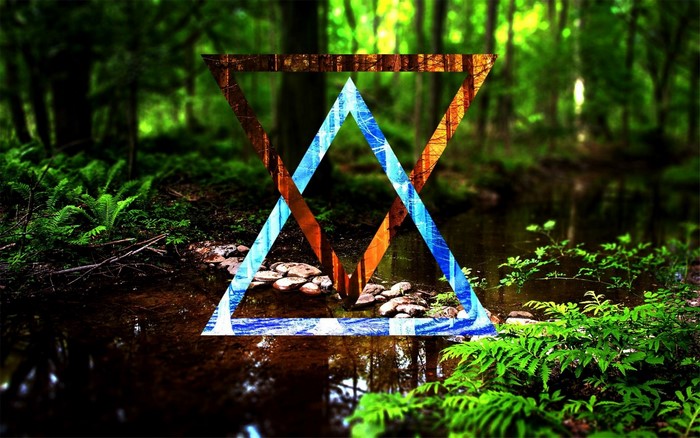 Abstract geometric overlay on forest stream