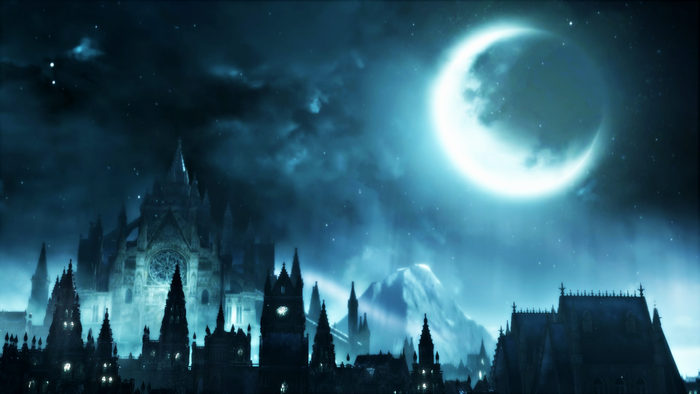 Dark Souls III screenshot of a gothic city under a crescent moon