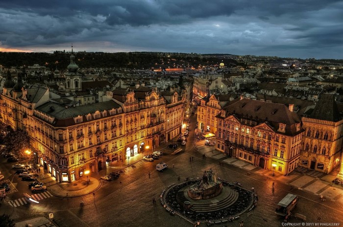 Prague cityscape at night with Old Town Square and Tyn Church