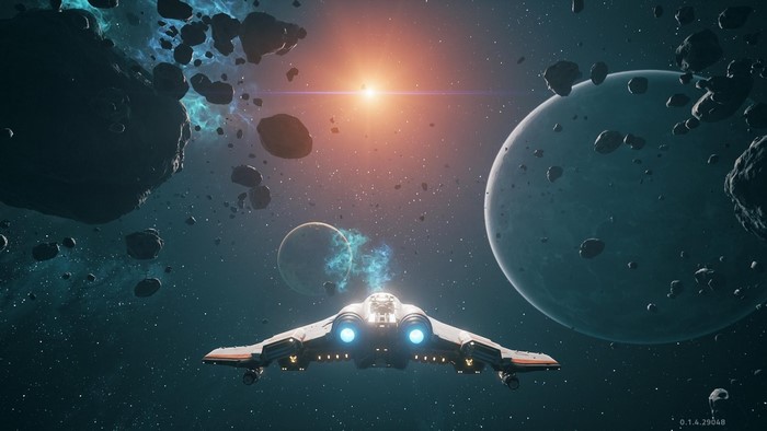 Spaceship flying through an asteroid field near planets