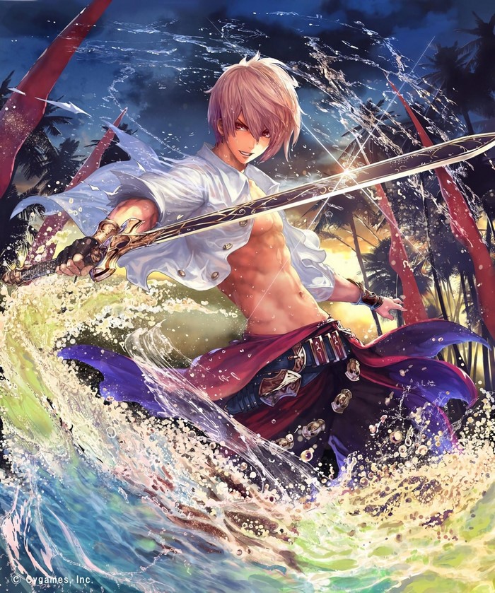 Albert from Shadowverse in water with a sword