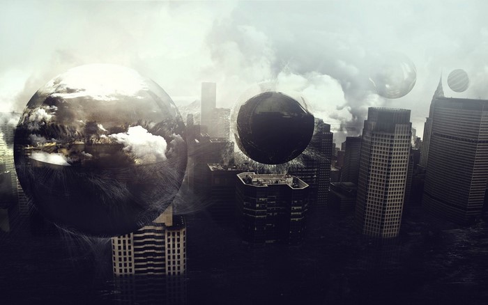 Abstract spheres over flooded city buildings