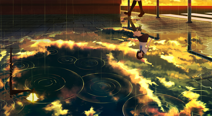Anime girl in school uniform reflected in rain puddles at sunset