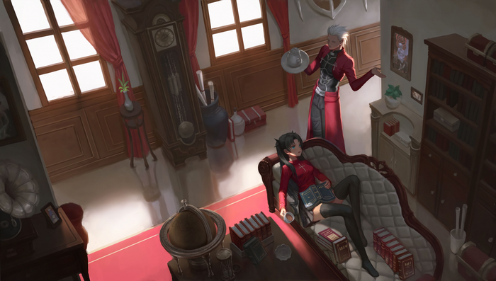Rin Tohsaka and Archer from Fate/Stay Night in a room