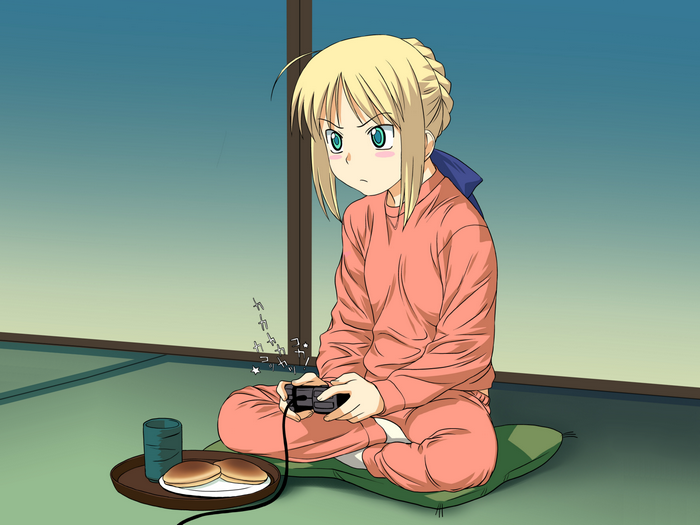 Saber from Fate/Stay Night playing video games
