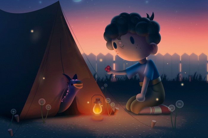 Boy offering berries to a dragon near a tent