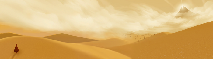 A lone figure walks through a desert towards a mountain.