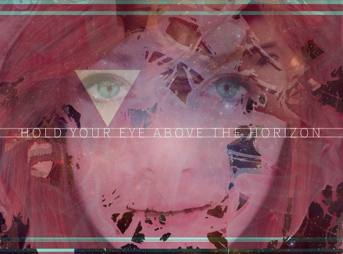 Woman's face with abstract art and text