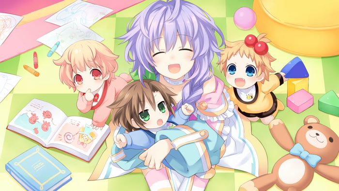 Plutia and babies playing with toys from Hyperdimension Neptunia