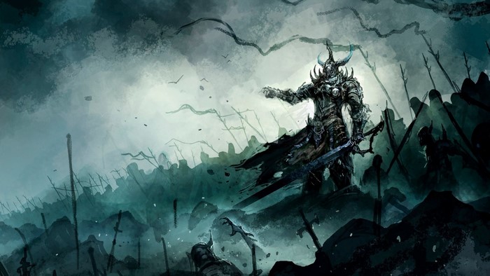 Fantasy warrior in armor leading an army