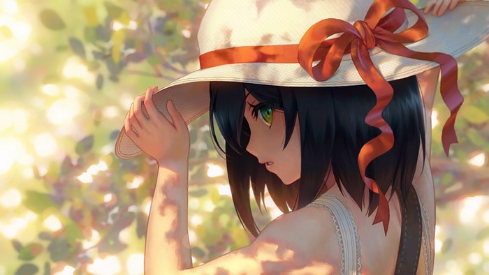 Anime girl with black hair wearing a straw hat