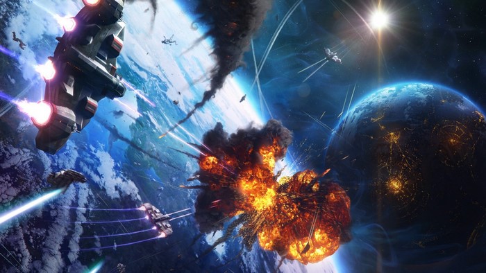 Space battle above a planet with explosions and spaceships