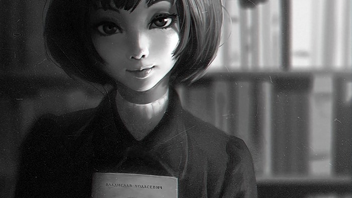 Monochrome anime portrait of a young woman holding a book