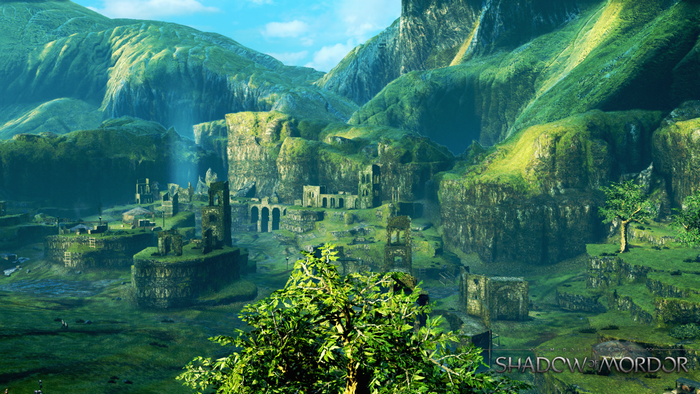 Ruined structures in a green valley from Shadow of Mordor