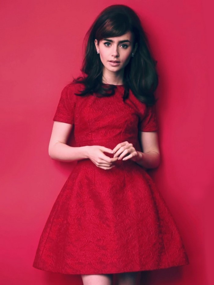 Lily Collins in a red dress