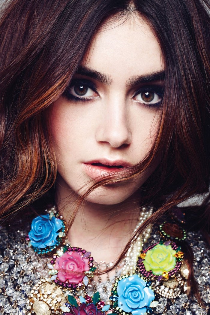 Lily Collins portrait with floral necklace