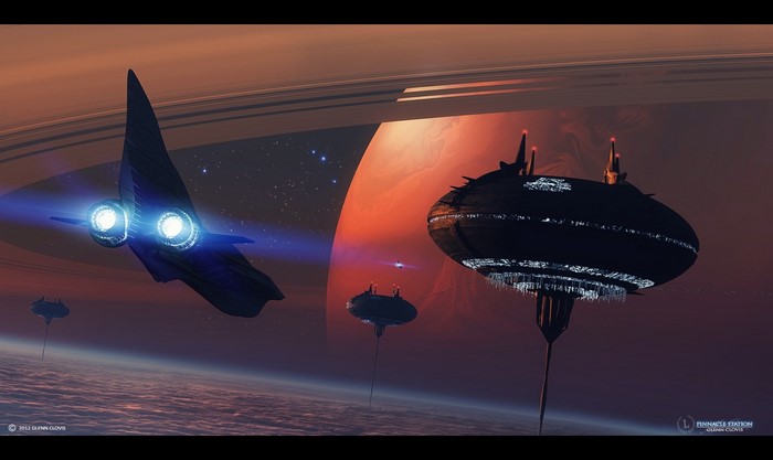 Spaceship near space stations and a ringed planet