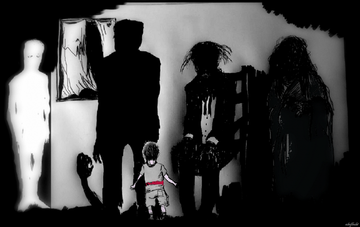 Silhouettes of figures and a child in a dark room