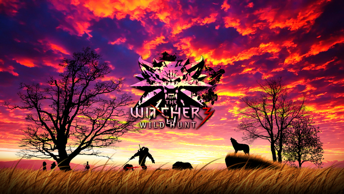 The Witcher 3 Wild Hunt logo with sunset and wolf