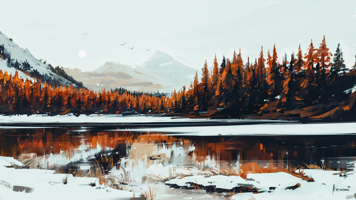 Winter lake reflection with autumn forest and mountains