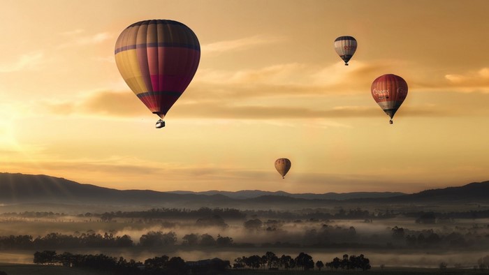 Hot air balloons over misty landscape at sunrise