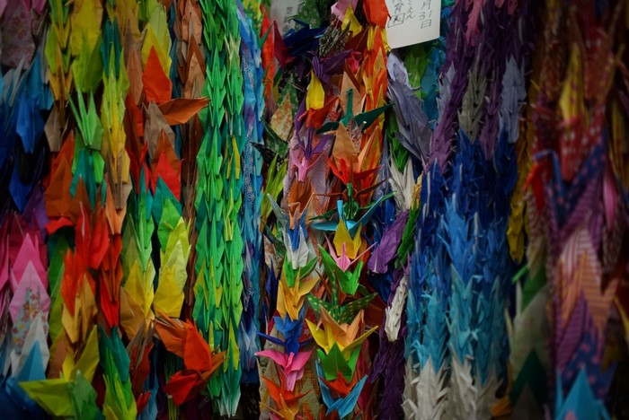 Origami cranes in a multitude of colors