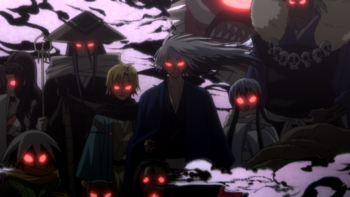 Group of characters with glowing red eyes from Nurarihyon no Mago