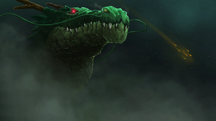Shenron from Dragon Ball in a foggy sky with shooting stars
