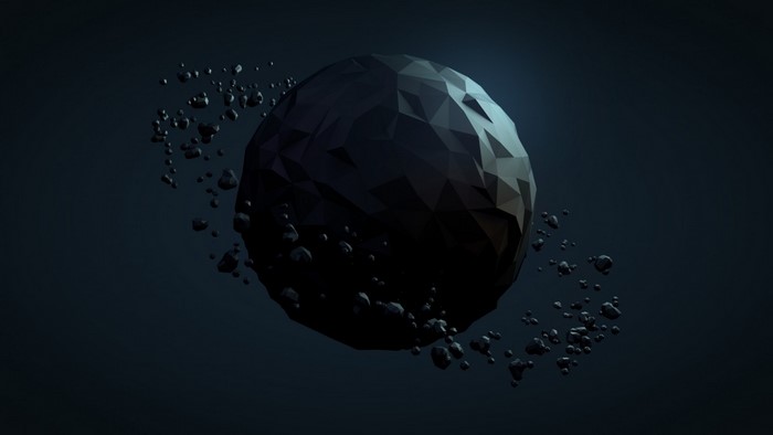 Low poly planet with asteroid belt in dark space
