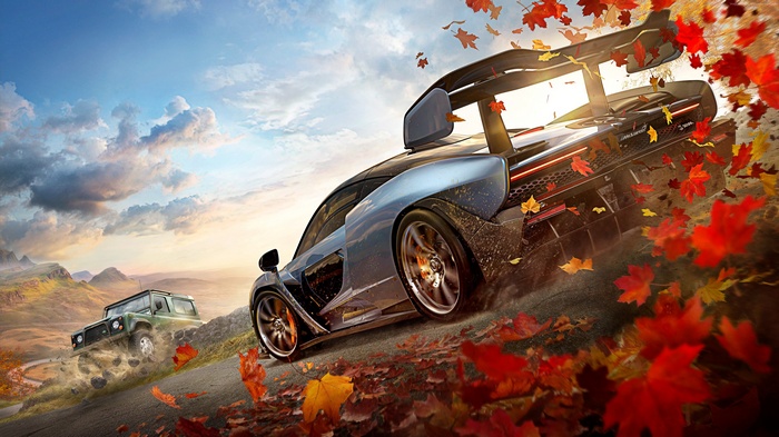 Forza Horizon 4 poster with cars and autumn leaves