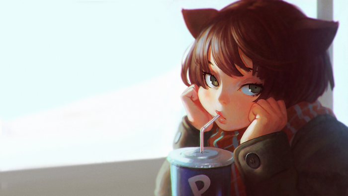 Anime girl with cat ears drinking from a cup