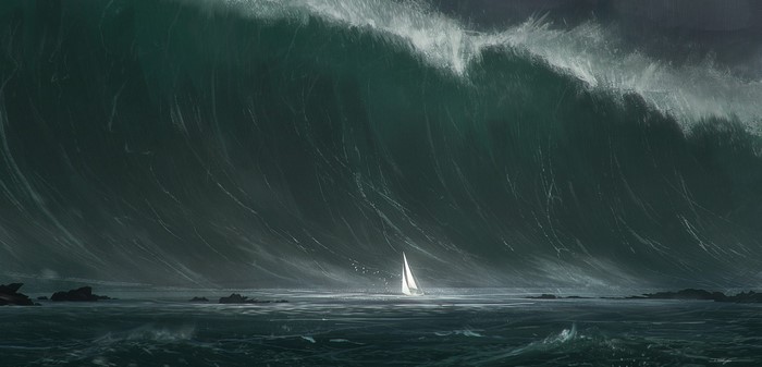 Giant wave crashing over a sailboat