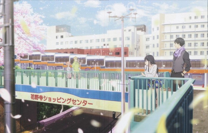 Characters on a bridge with a shopping center and train