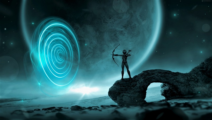Alien Archer aims bow near glowing portal on alien planet