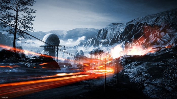 Battlefield 3 screenshot of a snowy mountain landscape with explosions