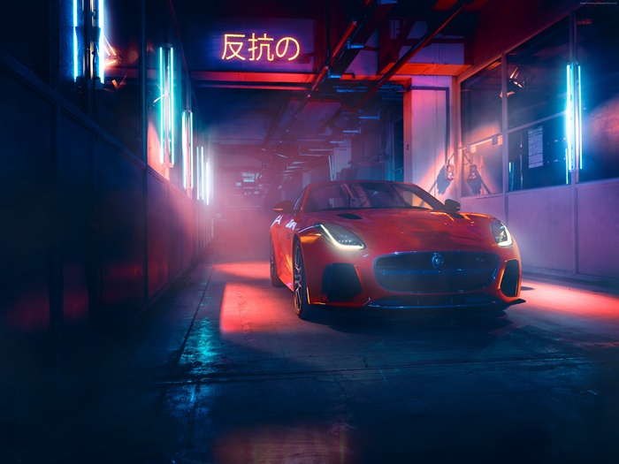 Red Jaguar F-Type in Neon-Lit Garage 4K