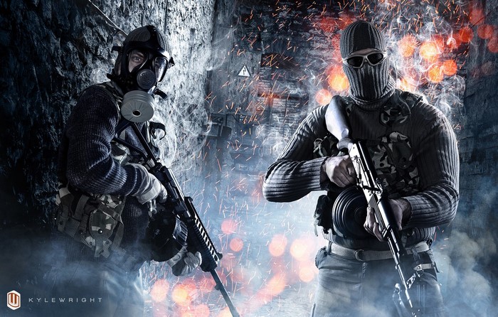 Two soldiers in a warzone with guns