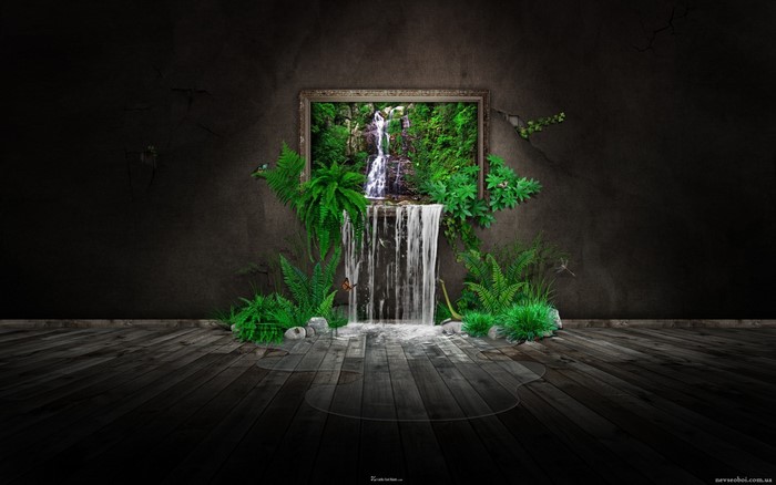 Digital art waterfall in a frame