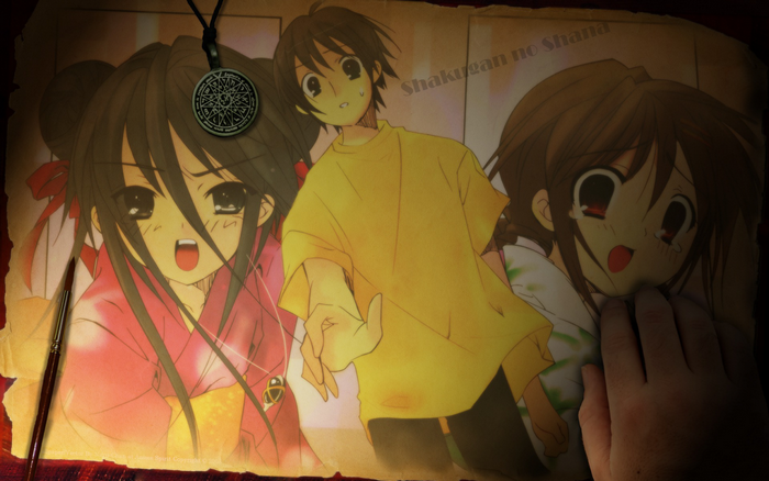 Shakugan no Shana characters with necklace and paintbrush