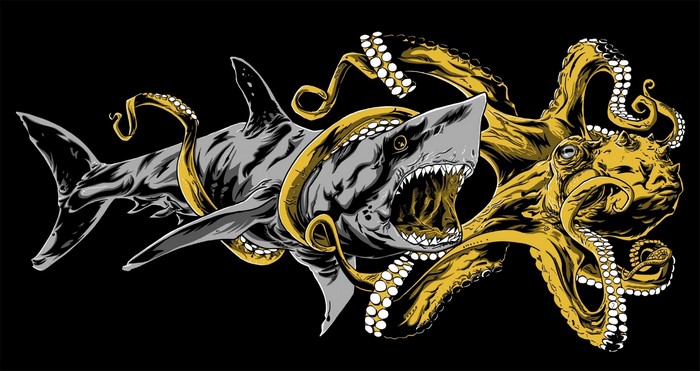 Shark attacked by octopus illustration