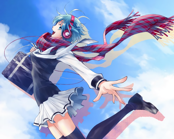 Anime girl with headphones and scarf in the sky