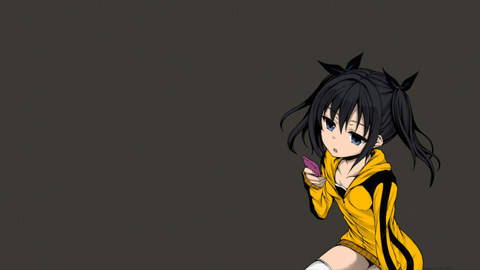 Anime girl with dark hair and blue eyes holding a phone