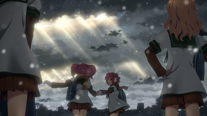 Anime screenshot with four schoolgirls in uniform