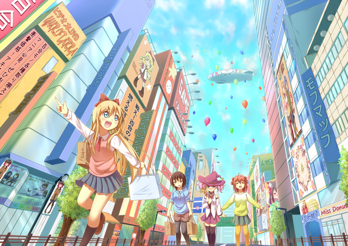 Girls Shopping in Akihabara with Yuru Yuri Advertisements