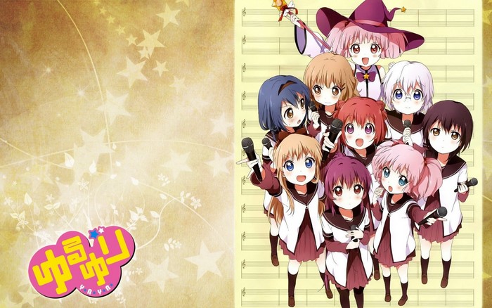Yuru Yuri characters singing with microphones