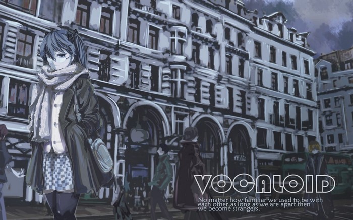 Girl with twintails and glasses in front of VOCALOID building